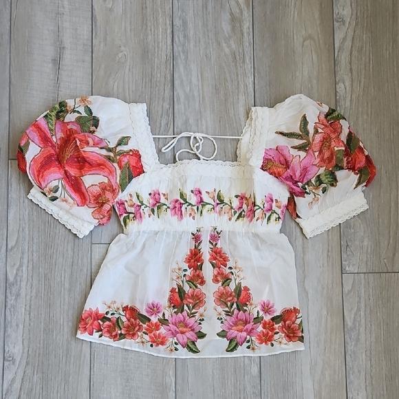 FARM Rio Tops - FARM Rio White Peasant Blouse with Pink & Red Floral Embroidery
